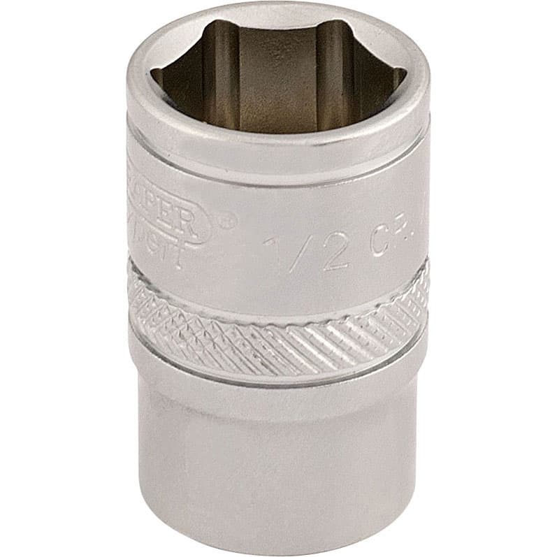 Silver 3/8" square drive socket with a six-point design, featuring a knurled grip band and marked with "1/2" for size identification.