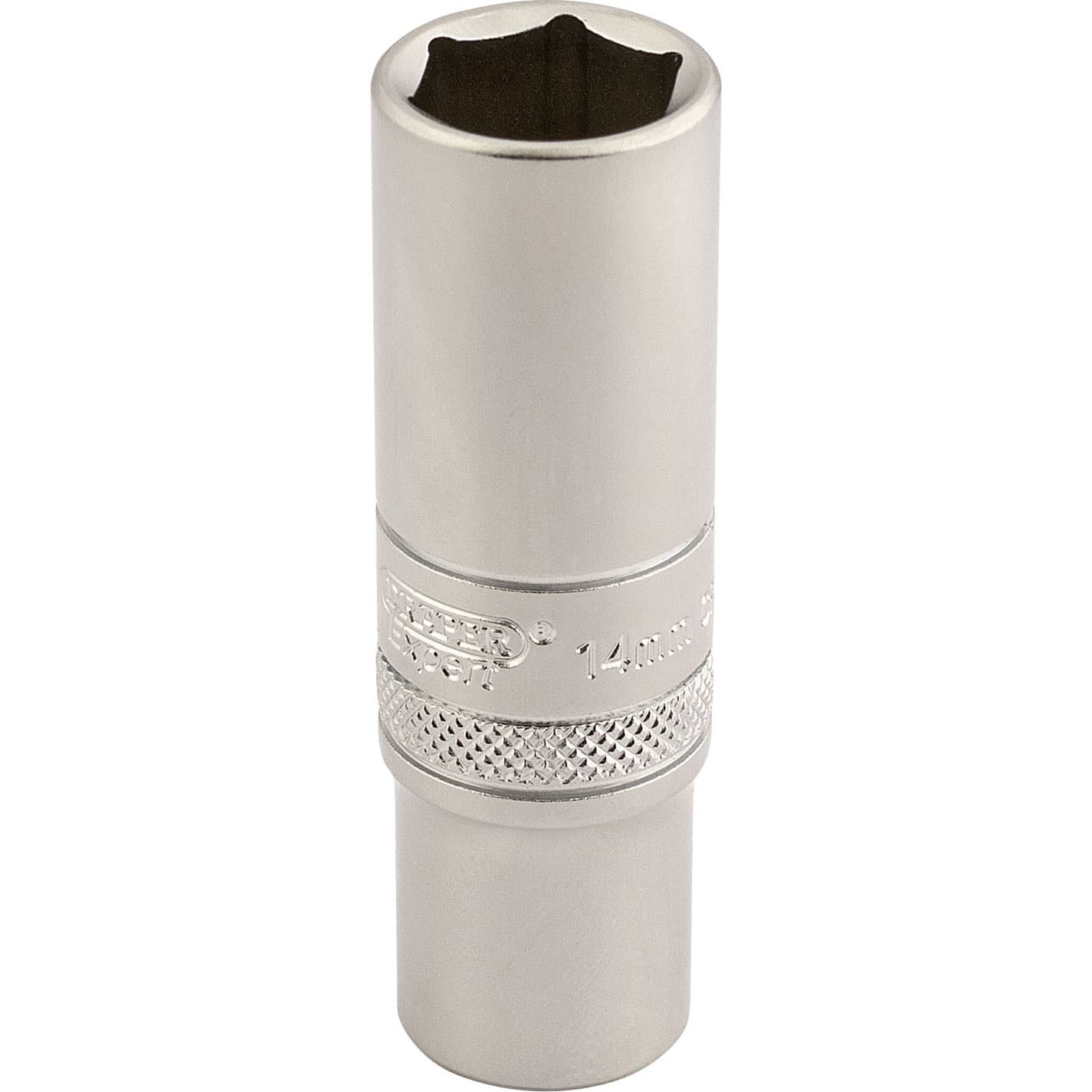 Silver 3/8" square drive deep socket with a 6-point design, marked with "14mm" and textured grip band for easy handling, made from durable chrome vanadium steel.