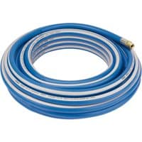 Blue Draper Expert air line hose, 15m length, 6mm bore, with 1/4" BSP fitting, coiled with white stripes.