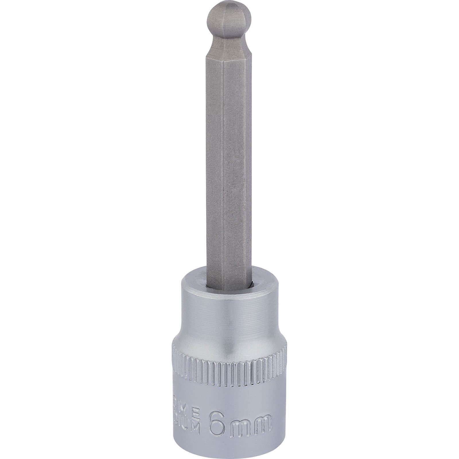 Silver hexagonal socket bit with a ball end, 3/8" square drive, marked "6mm," made of durable metal for enhanced grip and torque during use.