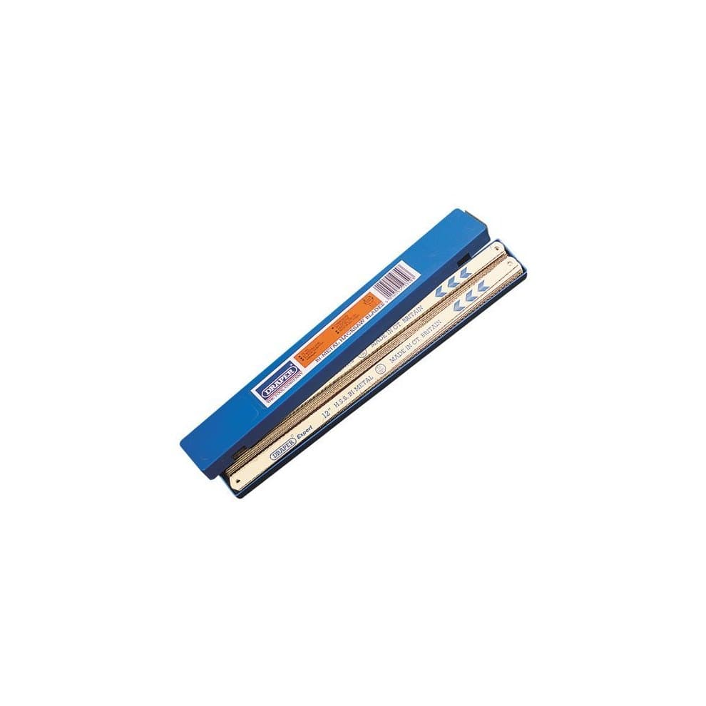 Blue box containing 50 bi-metal hacksaw blades, each 300mm long with 18 teeth per inch, featuring a gold and silver color scheme and clear labeling on the packaging.