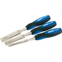 Set of three Draper Expert chisels with bevel edges, 150mm, featuring blue and black ergonomic handles.