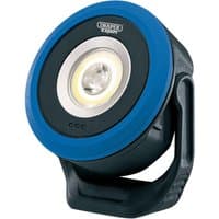Black and blue Draper Expert mini flood light, circular design, COB/SMD LED, with USB-C port and handle.
