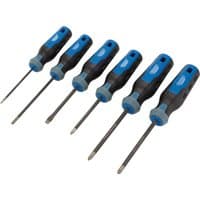 Draper Expert screwdriver set with blue and black ergonomic handles and diamond-tipped blades, six pieces.