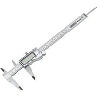 Silver Draper Expert digital vernier calipers with LCD screen and precision measuring jaws.