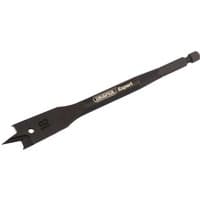 Black Draper Expert flat wood bit, 18mm, with hex shank and sharp spade-shaped cutting edge.