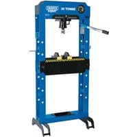 Blue Draper Expert Hydraulic Floor Press, 30 Tonne, with black base, pressure gauge, and adjustable lever handle.