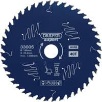 Draper Expert TCT circular saw blade, blue with PTFE coating, 185mm diameter, 40 teeth, labeled for wood cutting.