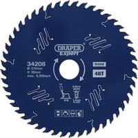Draper Expert blue circular saw blade, 210mm diameter, 48 teeth, PTFE coating, labeled with specifications.