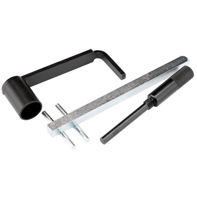 Draper 18745 Engine Timing Kit includes a black metal tool with a cylindrical end, a silver metal bar with two pins, and a black handle tool, designed for Renault and Dacia vehicles.