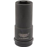 Black Draper Expert deep impact socket, 3/4" square drive, 23mm, with HI-TORQ 6-point design and engraved branding.