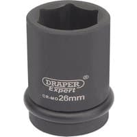 Black Draper Expert HI-TORQ 6 Point Impact Socket, 3/4" Sq. Dr., 26mm with white branding and smooth finish.