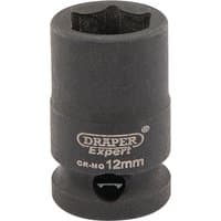 Draper Expert black impact socket, 3/8" square drive, 12mm size, HI-TORQ 6 point design with brand logo.