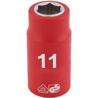 Red Draper Expert VDE socket, 3/8" square drive, 11mm size, with white "11" marking and safety certification logos.