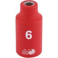 Red Draper Expert VDE socket, 3/8" square drive, 6mm size, with white "6" and safety certification logos.