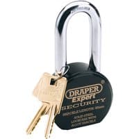 Heavy duty stainless steel padlock with black body and two brass keys attached, by Draper Expert, 63 x 50mm.