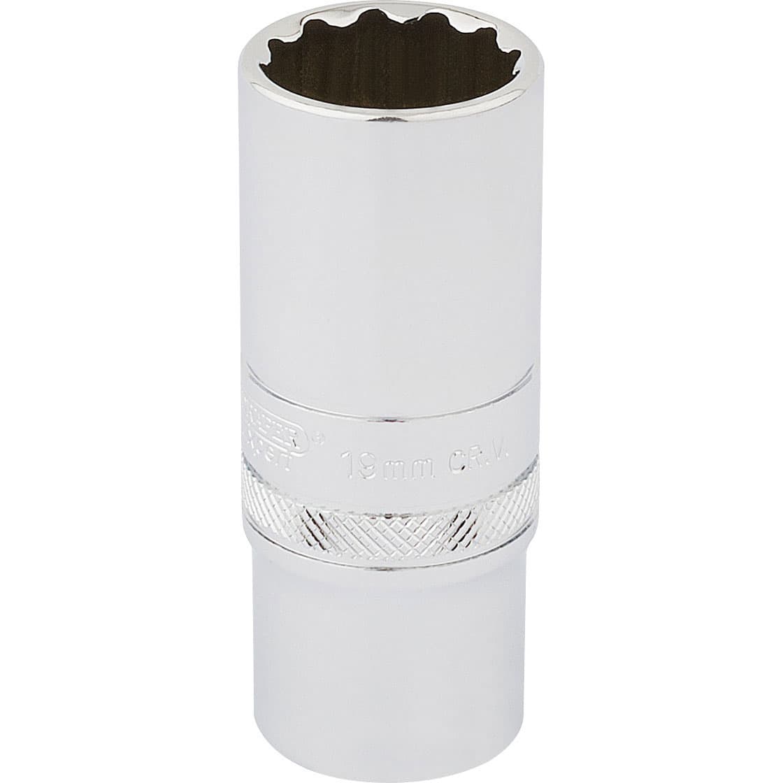 Shiny chrome-plated 12-point deep socket with a 3/8" square drive, marked with "19mm" and a textured grip band for enhanced handling.