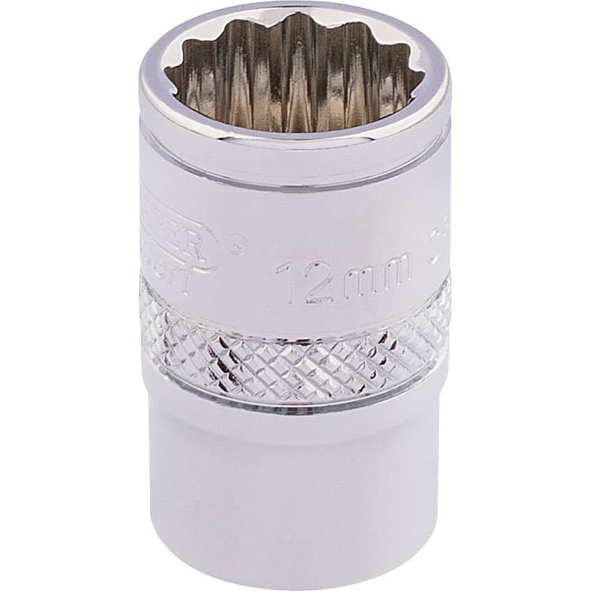 Draper Expert 32772 3/8" square drive Hi-Torq® 12-point socket in shiny chrome finish, featuring a knurled grip and marked with "12mm" for easy identification.