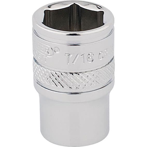 Draper Expert 48942 1/4" square drive Hi-Torq® 6-point socket in shiny chrome finish, featuring a 7/16" size and textured grip for easy handling.