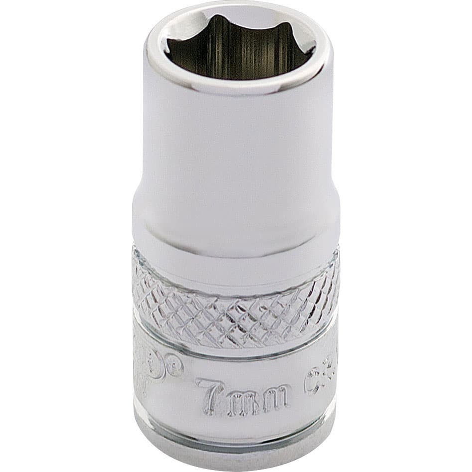Shiny chrome-plated 7mm 6-point socket with a textured grip and engraved markings, designed for 1/4" square drive tools, showcasing durability and precision.