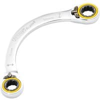Curved silver double ring ratchet spanner with yellow accents, marked 11mm and 13mm, by Draper Expert.