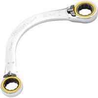 Curved silver Draper Expert spanner with double ring ratchet ends, sizes 19mm and 22mm, yellow accents on rings.