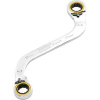 Silver S-shaped ratchet spanner with double ring ends, 15mm and 17mm sizes, yellow accents on rings.
