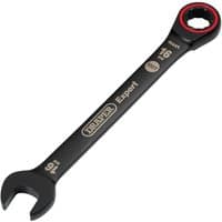 Black Draper Expert 16mm ratchet combination spanner with Hi-Torq® open end and red-accented ring end.