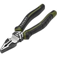 Black and green Draper Expert high leverage combination pliers with textured grips and serrated jaws.