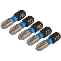Set of five Draper Expert Pozi screwdriver bits, silver tips with black hex shanks and blue bands marked PZ3.