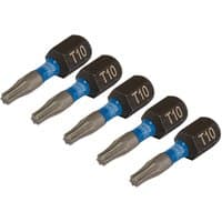 Set of five Draper Expert Impact Torx screwdriver bits, black with blue bands and T10 marking.