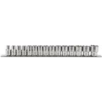 Draper Expert 15-piece metric socket set on metal rail, silver finish, 1/2" square drive, neatly aligned in a row.