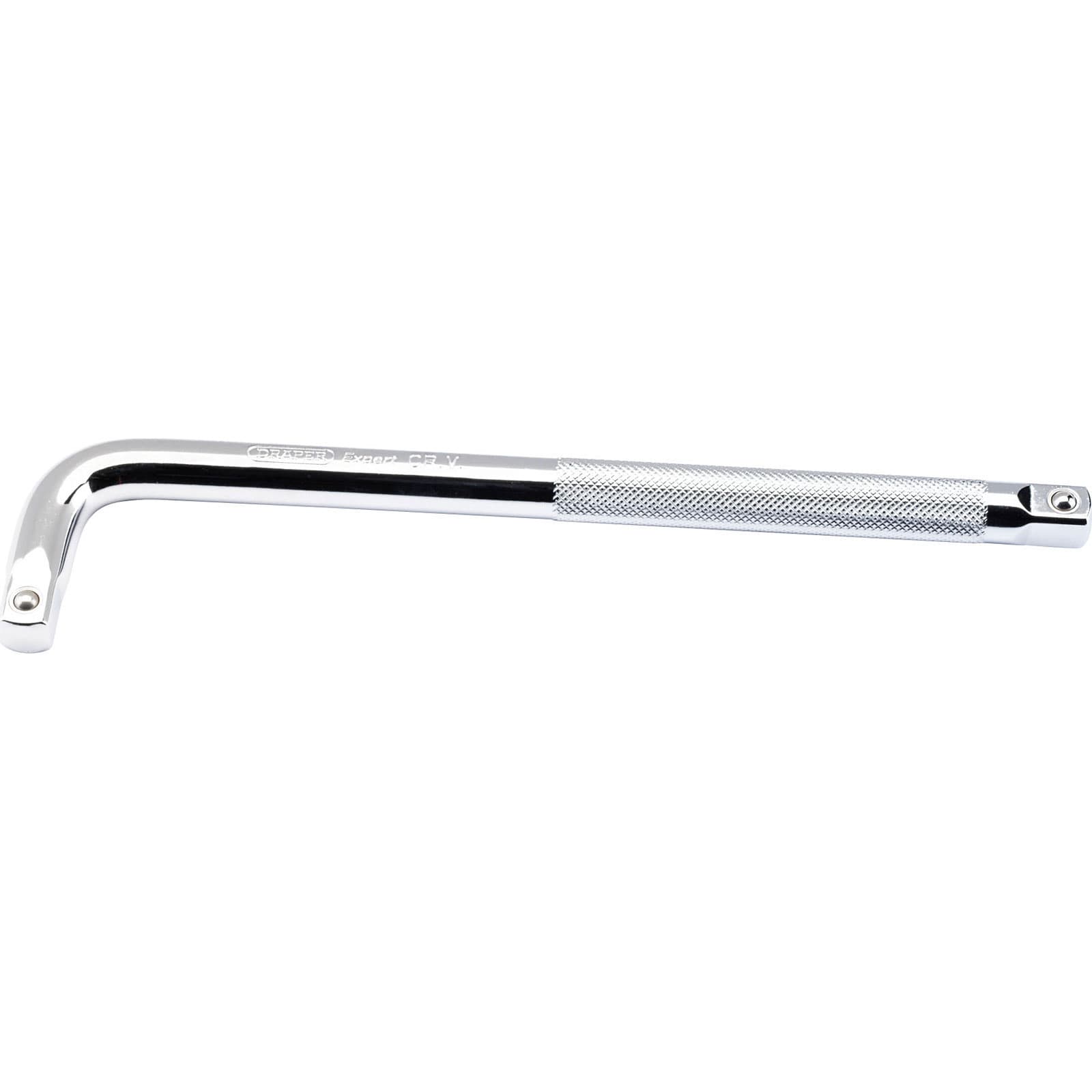 Draper Expert 34496 1/2" square drive offset handle, featuring a shiny chrome finish, knurled grip for enhanced handling, and a 90-degree offset for improved access in tight spaces.