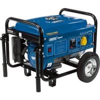 Blue Draper Expert petrol generator, 2500W, with black frame, control panel, and two wheels for mobility.