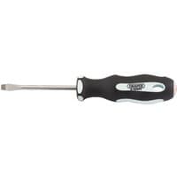 Black and white soft grip screwdriver with a flat 5.5mm tip and 75mm shaft, branded Draper Expert.