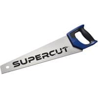 Draper Expert Supercut hand saw with blue and black handle, silver blade, and bold "SUPERCUT" text.