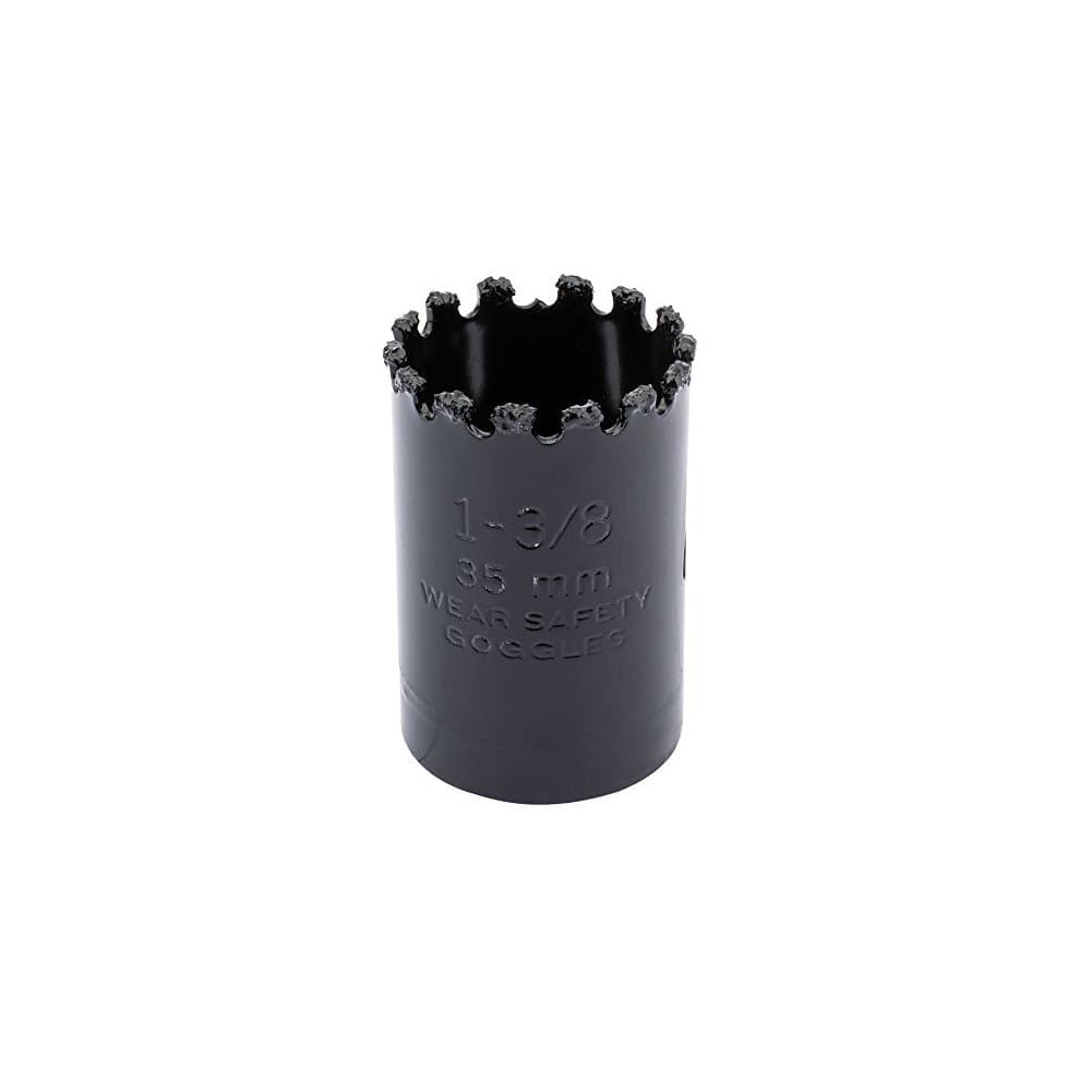 Black tungsten carbide grit hole saw with jagged edge, measuring 1 3/8 inches (35 mm), featuring safety warning text on the side.