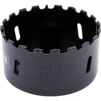 Black Draper Expert hole saw with tungsten carbide grit edge, 86mm diameter, and side slots for debris removal.