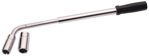 Extending wheel nut wrench with a chrome-plated finish, featuring a black rubber grip handle and two socket ends for different nut sizes.