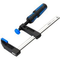 Black and blue Draper F Clamp with a metal bar and ergonomic handle.