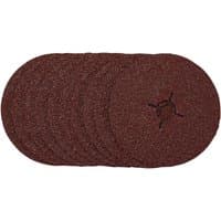 Brown Draper fibre sanding discs, 125mm, 24 grit, pack of 10, textured surface, circular shape.