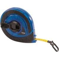 Blue and black Draper fibreglass measuring tape, 30m/100ft, with yellow tape and black hook.