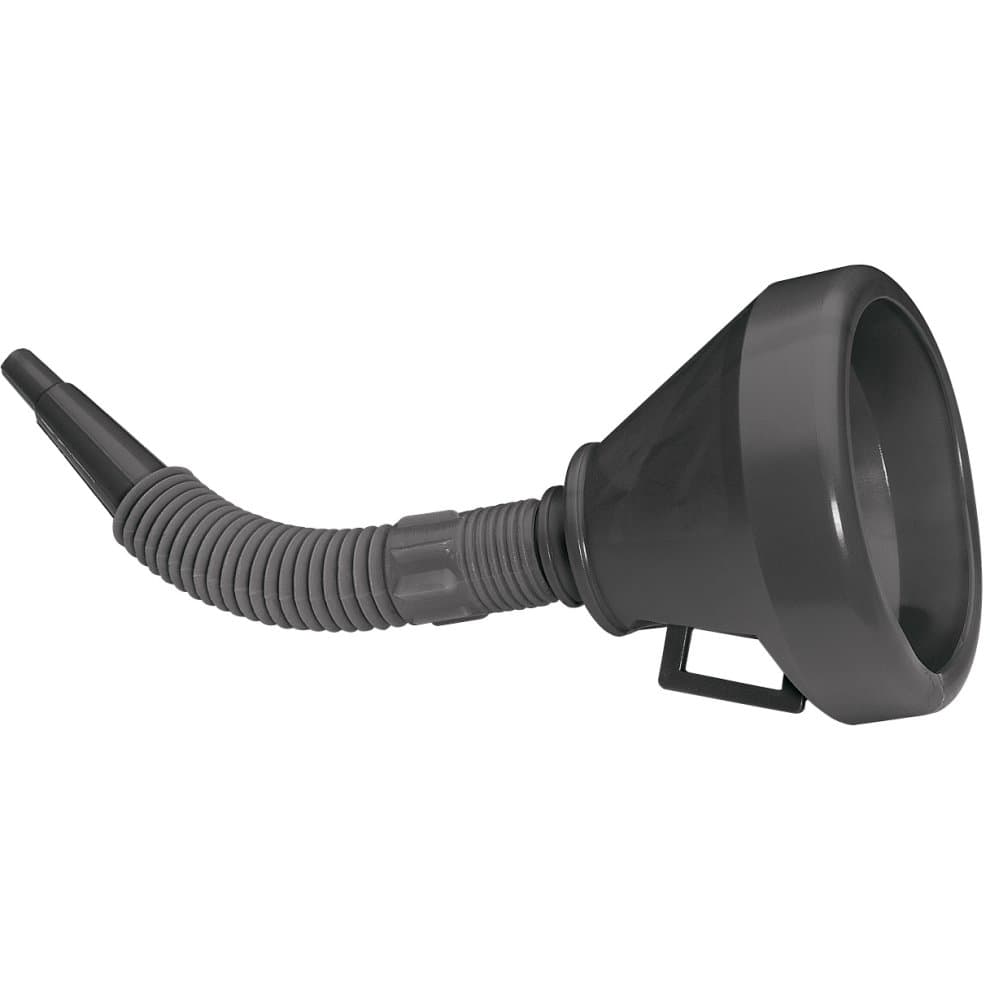 Flexible gray plastic funnel with a wide opening and a ribbed, extendable spout, featuring a handle for easy grip and pouring.