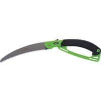 Green and black Draper folding pruning saw, 230mm, with curved serrated blade and ergonomic handle.