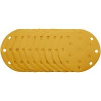 Gold sanding discs with hook & loop, 150mm, 320 grit, 15 dust holes, pack of 10, by Draper.