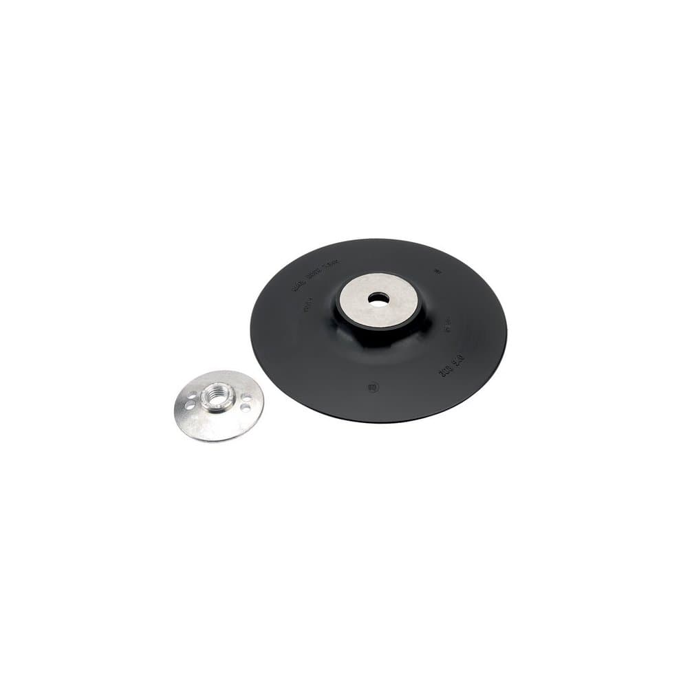 Black rubber grinding disc backing pad with a central metal attachment point, featuring a smooth surface and a smaller metal disc beside it.
