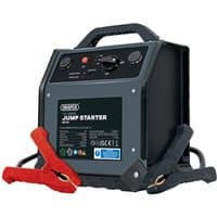 "Draper GT12 Jump Starter Power Pack, black and gray with red and black clamps, carrying handle, and control panel."