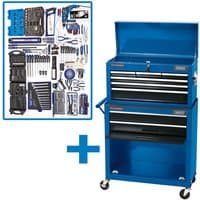 Blue Draper GTK2A workshop tool kit with wheeled chest, multiple drawers, and assorted tools including wrenches and screwdrivers.