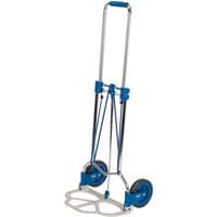 Blue and silver foldable sack truck with two wheels and a 125kg capacity.