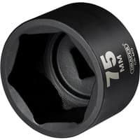 Black Draper Hi Torq 1" drive hexagon impact socket with 75mm marking and durable finish.